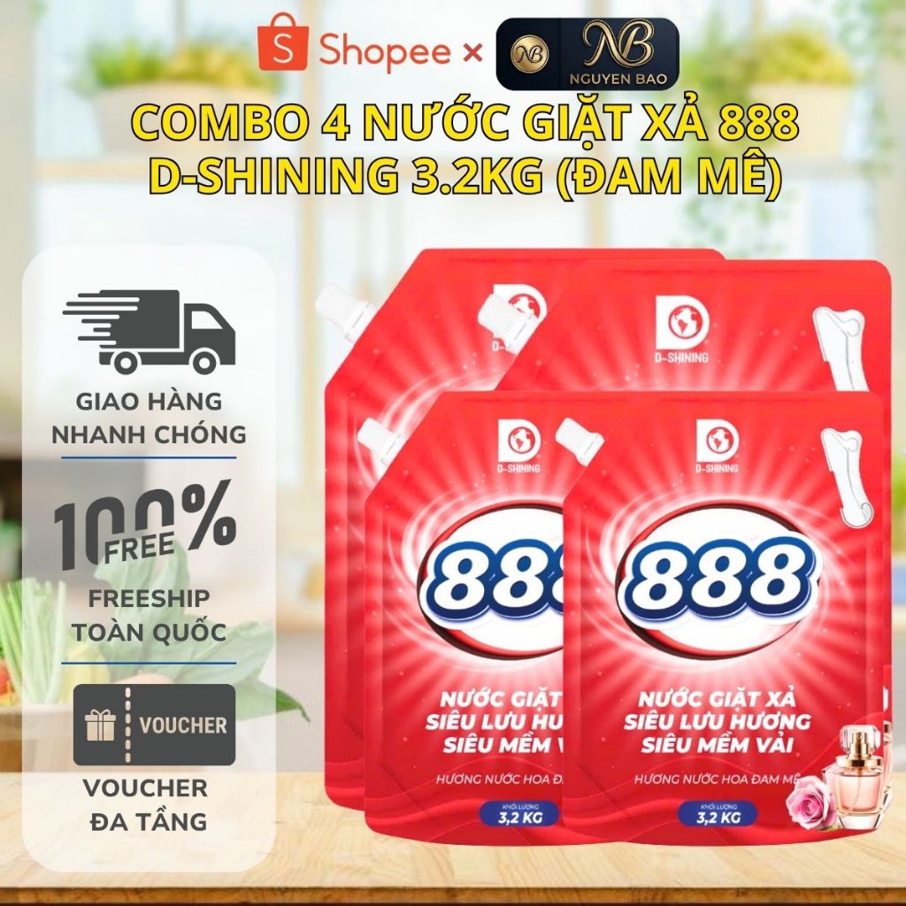 [COMBO 4] Nước Giặt Xả 888 D-Shining 3.2kg Hương Đam Mê - Siêu Mềm Vải, Dùng Cho Giặt