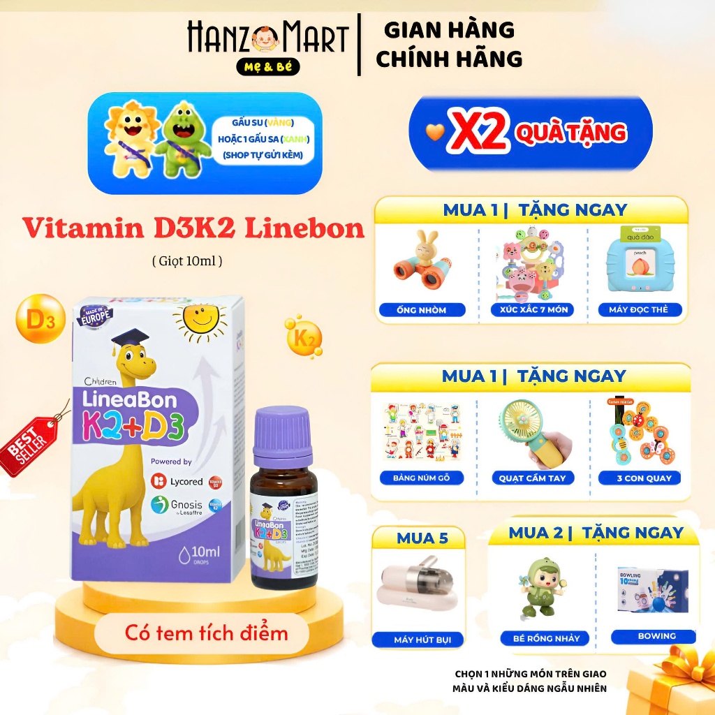 D3 K2 Lineabon bổ sung Vitamin D3 cho trẻ sơ sinh, giúp hấp thụ D3K2 Canxi, giảm còi xương, lọ 10ml