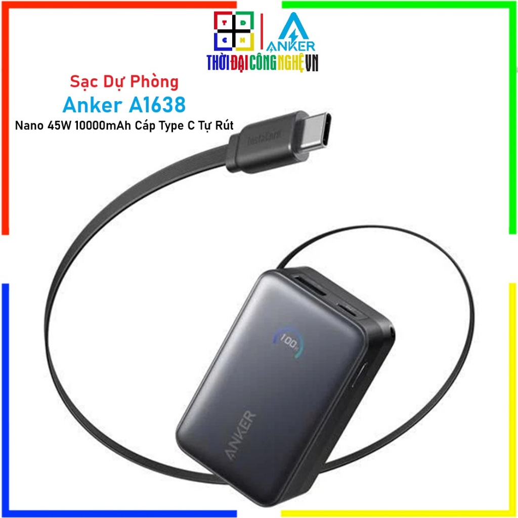 Sạc Dự Phòng Anker Nano A1638 45W 10000mAh Cáp Type C Tự Rút - Bảo Hành 18 Tháng Chính Hãng