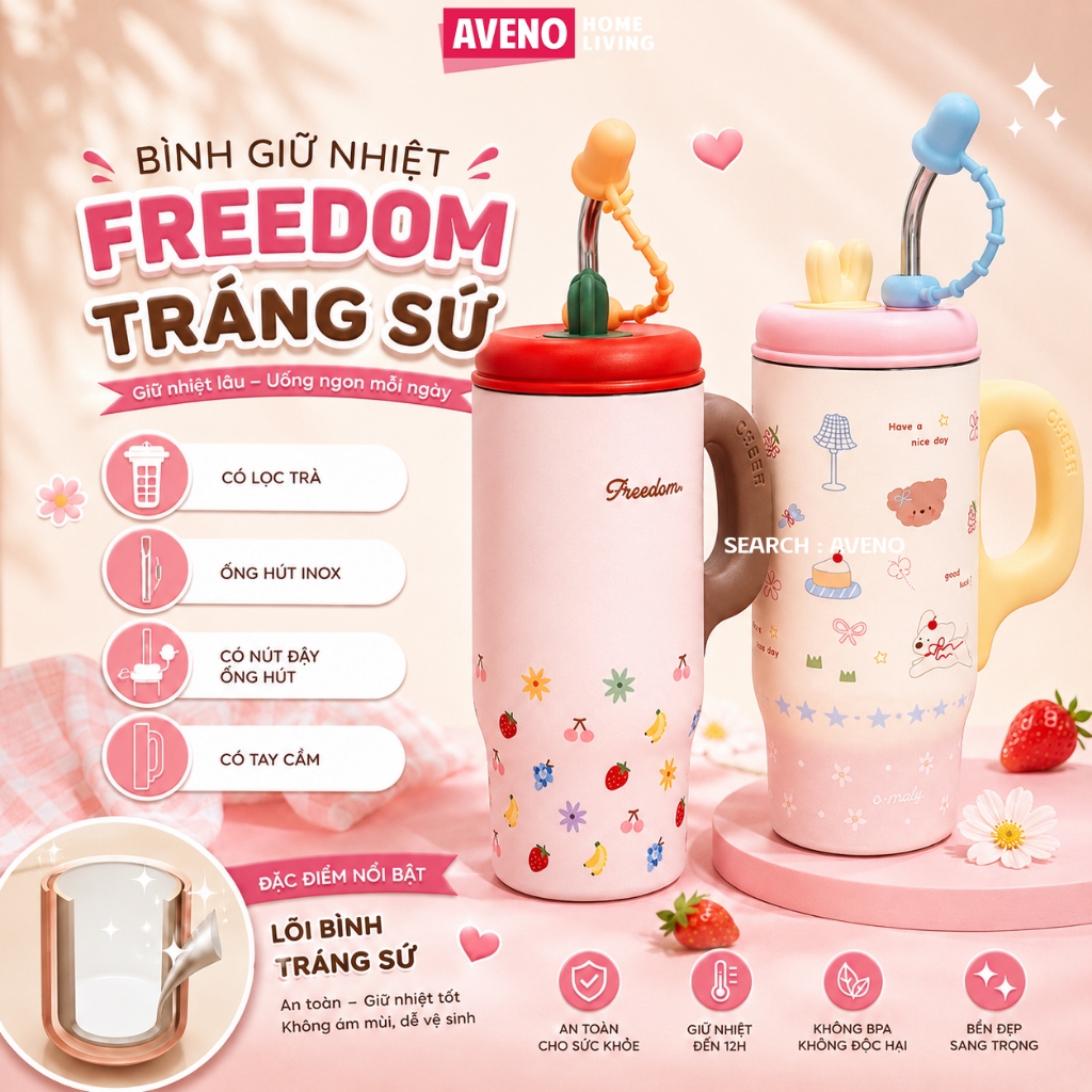 Bình Giữ Nhiệt Freedom 800ml Tráng Sứ Kèm Ống Hút Inox 316, Nhiều Màu Sắc Dễ Thương