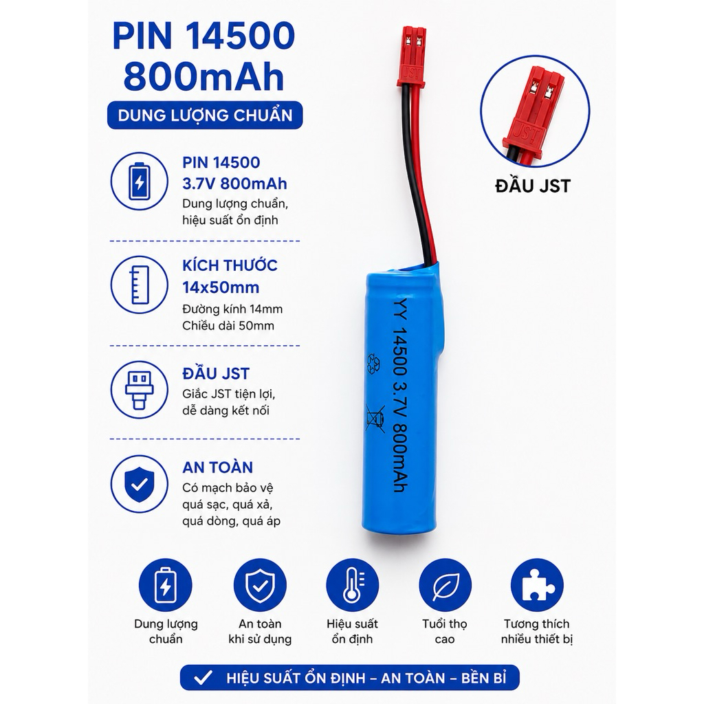 Pin 14500/800mAh Đầu JST
