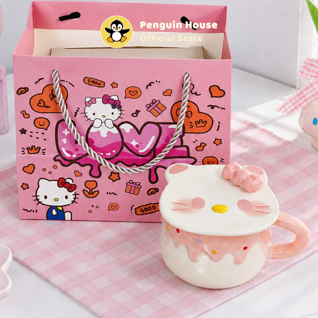 [Penguin] Cốc sứ cute, cốc sứ, ly sứ quà tặng dành cho nữ Kitty Pudding - Cốc uống nước cute 400ml_F
