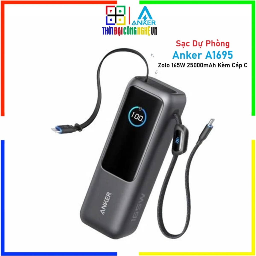 Sạc Dự Phòng Anker Zolo A1695 165W 25000mAh Kèm Cáp Rút Type C | Bảo Hành 18 Tháng Chính Hãng