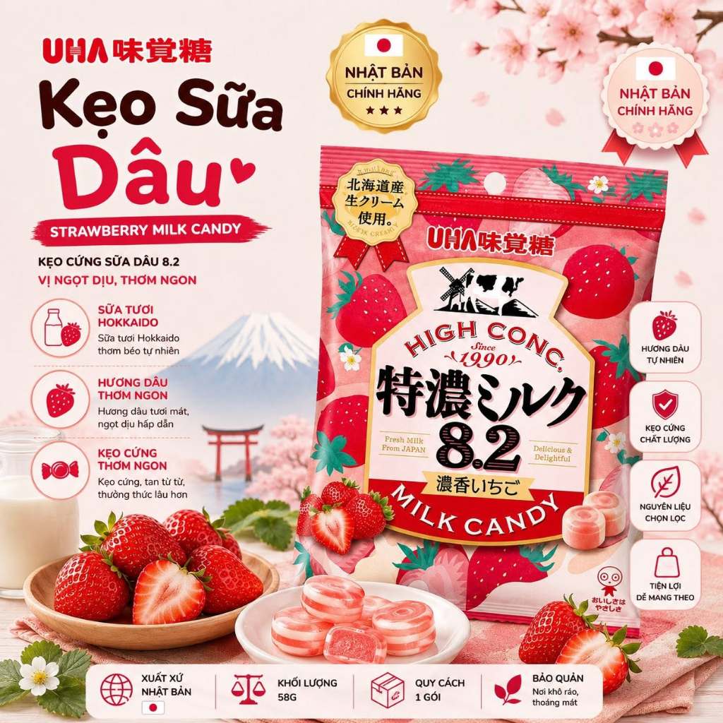 Kẹo Sữa Vị Dâu UHA Nhật Bản