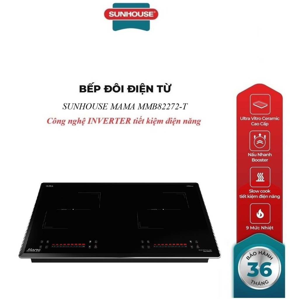 Bếp đôi điện từ SUNHOUSE MAMA MMB82272-T Inverter 2 vùng nấu 2200W Booster - Slow Cook - BH 36 tháng