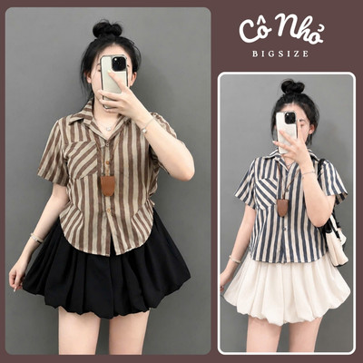 Set Bộ Bigsize Nữ Áo Sơ Mi Tay Ngắn Kẻ Sọc Kèm Váy Bí Dễ Thương Cho Chubby A288 +CV413