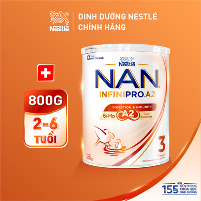 Sữa bột Nestle NAN INFINIPRO A2 3 800g Cho Bé 2 - 6 Tuổi Có Đạm A2, 6HMO & Lợi Khuẩn Kép hỗ trợ tiêu hóa, đề kháng
