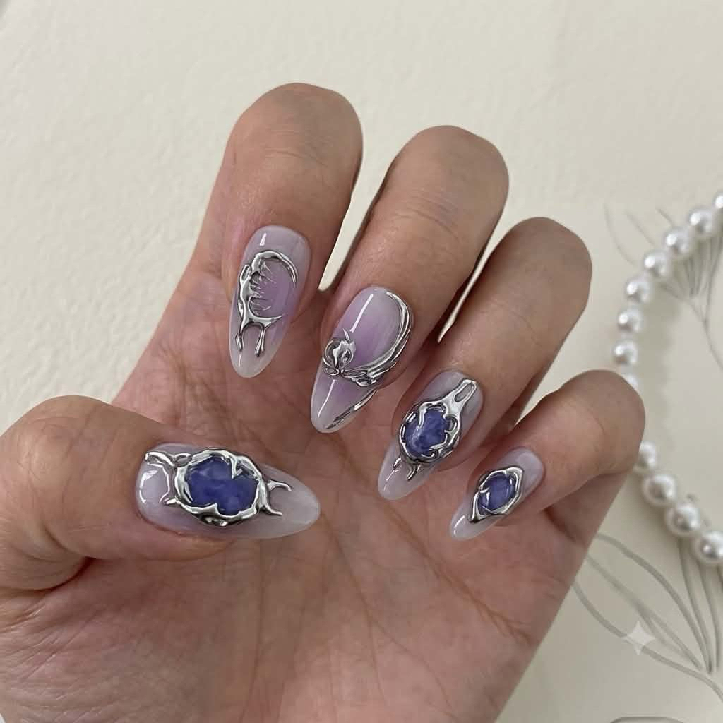 Nailbox ombre xanh tim trang guong bac nổi A118