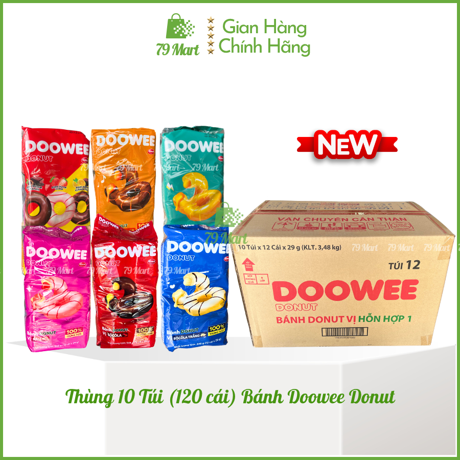 [Thùng 10Túi] Bánh Doowee Donut phủ socola Hỗn hợp/ Dâu/ Cam/ Chocolate/ Phô Mai* 120Cái 🛒79 MART