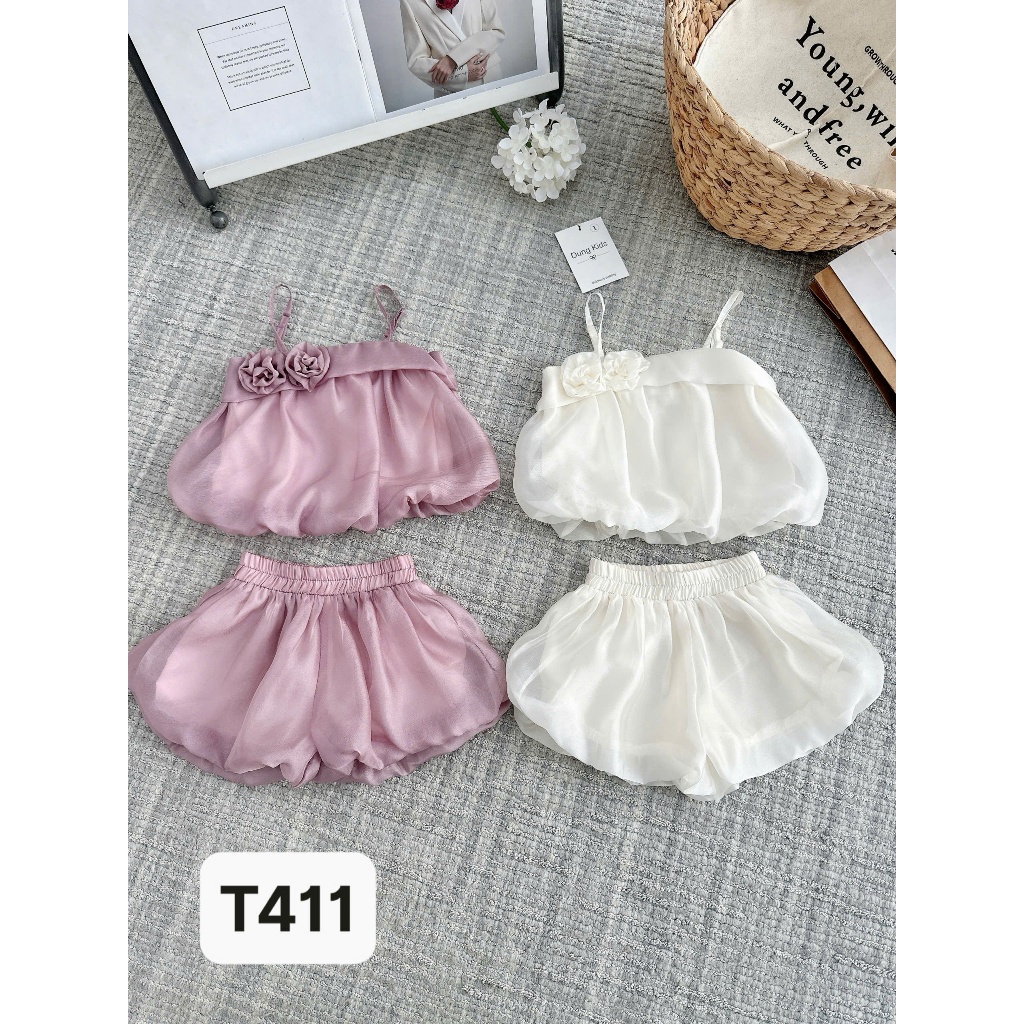 T411 Set bộ tơ 2 dây 2 hoa dáng bồng mix quần bí có lớp lót cho bé gái