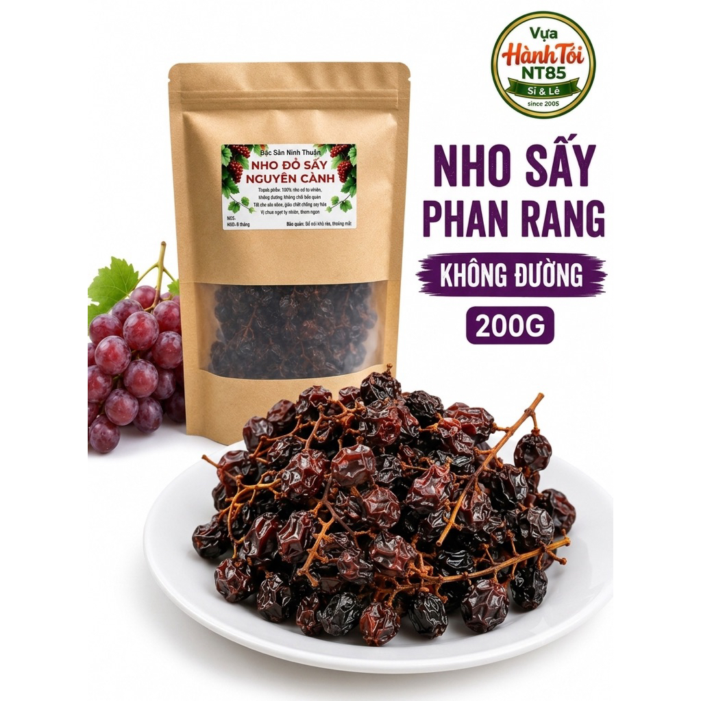 Nho Đỏ Sấy Khô Nguyên Cành Ninh Thuận 200g Có Hạt Không Đường - Vị Chua Ngọt Tự Nhiên NT85