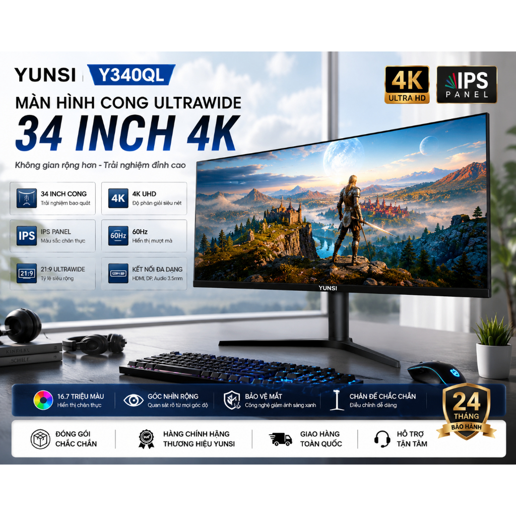 Màn Hình Cong Gaming YUNSI Y340QL 34 Inch 4K IPS 60Hz | Chân đế hạ nâng | Viền Mỏng UltraWide Cực Né