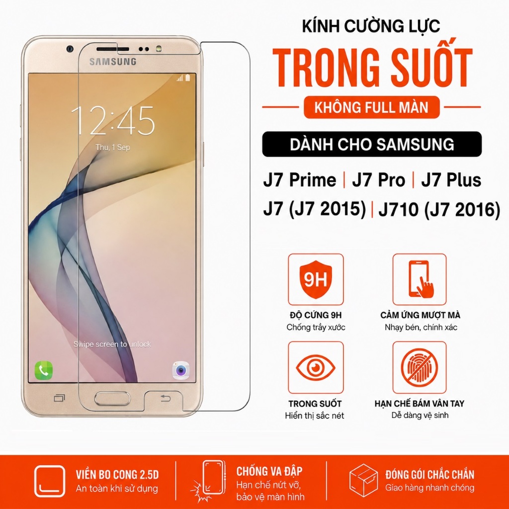 Kính cường lực Cho Samsung J7 Prime J7 Pro J7 Plus J7 (J7 2015) J710 (J7 2016) không full màn hình