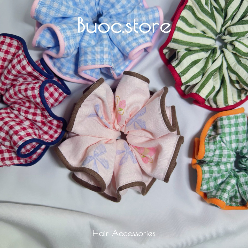 Buộc -Phụ kiện tóc scrunchie phối viền phong cách hanquoc