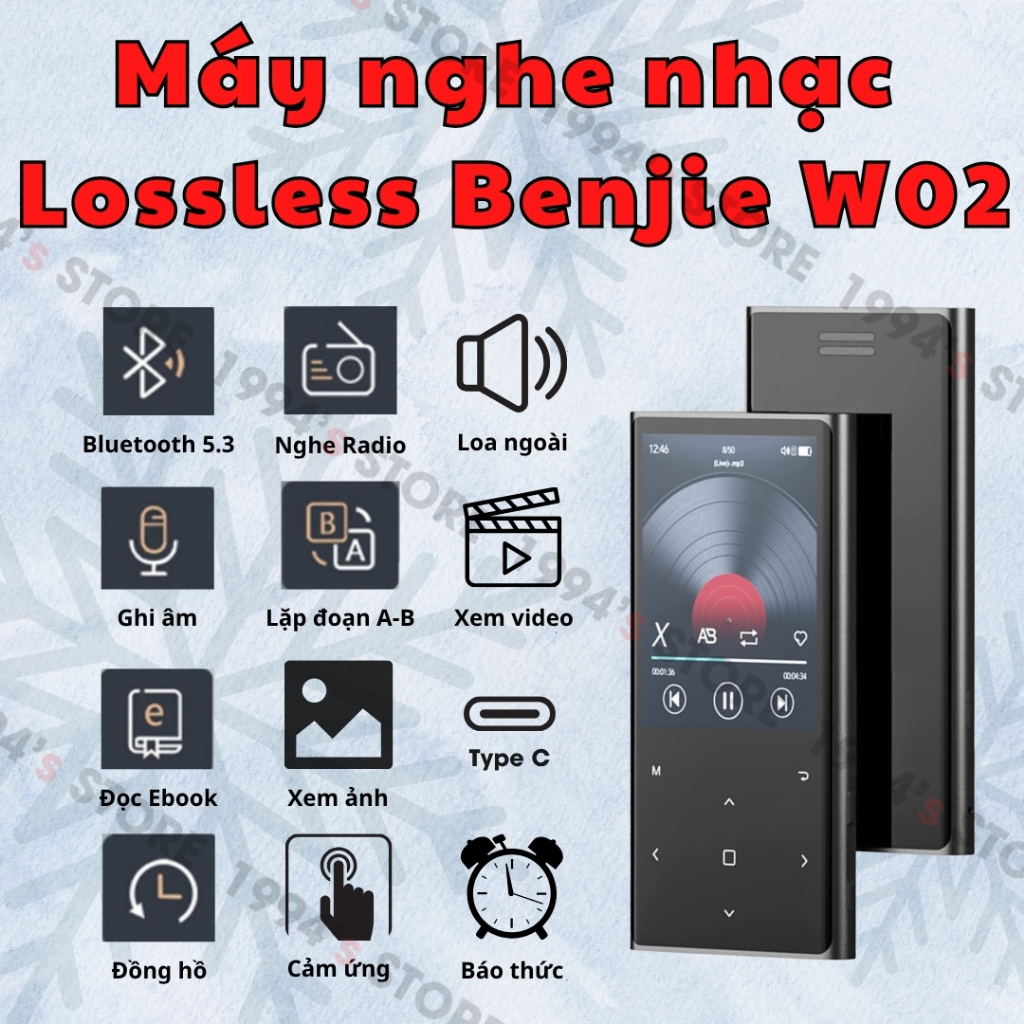 Máy Nghe Nhạc Benjie W02 Bản 2026 Bluetooth 5.3 - Màn hình lớn có cảm ứng - Loa ngoài xem phim, xem 