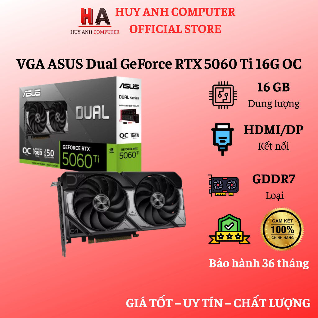 Card Màn Hình ASUS Dual GeForce RTX 5060 Ti 16GB OC Chính Hãng - Bảo hành 36 tháng