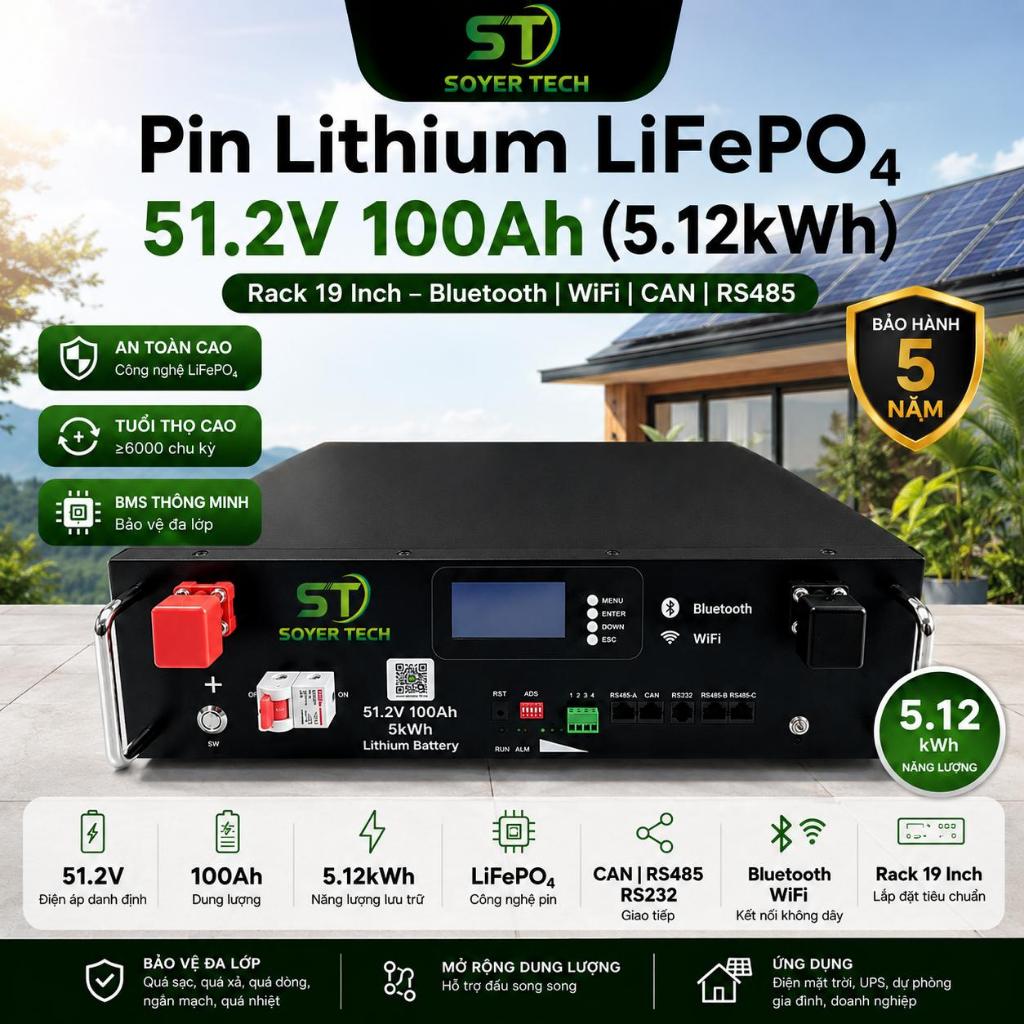 Pin Lưu Trữ Lithium LiFePO₄ 5.12kWh 51.2V 100Ah – Rack 19 Inch | Bluetooth | WiFi | CAN | RS485- Soy