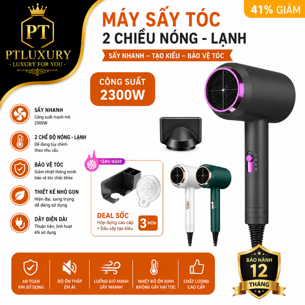 Máy sấy tóc PTLUXURY 2 chiều nóng lạnh công suất lớn 2300W 3 chế độ sấy tiện lợi