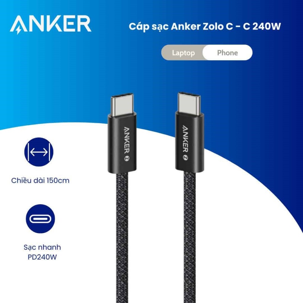 Cáp sạc A8060 Anker C – C 240W Zolo , dài 150cm cho điện thoại laptop