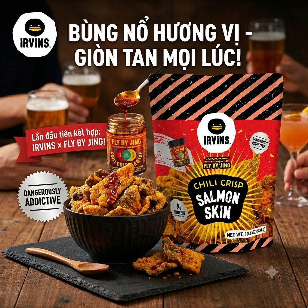 (U.S.A)Snack Da Cá Hồi IRVINS x Sốt Sa Tế Fly By Jing Túi 300g
