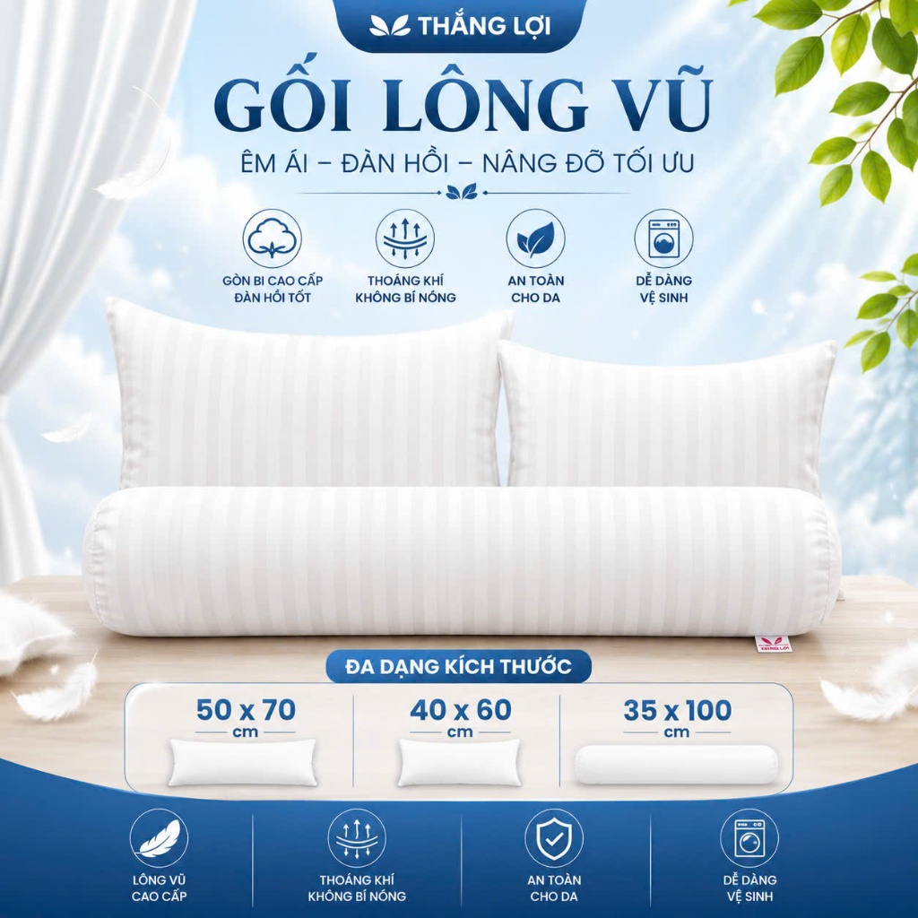 GỐI LÔNG VŨ,kích thước 40x60, 50x70, 35x100 GỐI ÔM LÔNG VŨ, GỐI THẮNG LỢI CHÍNH HÃNG CAO CẤP Nệm Thắ