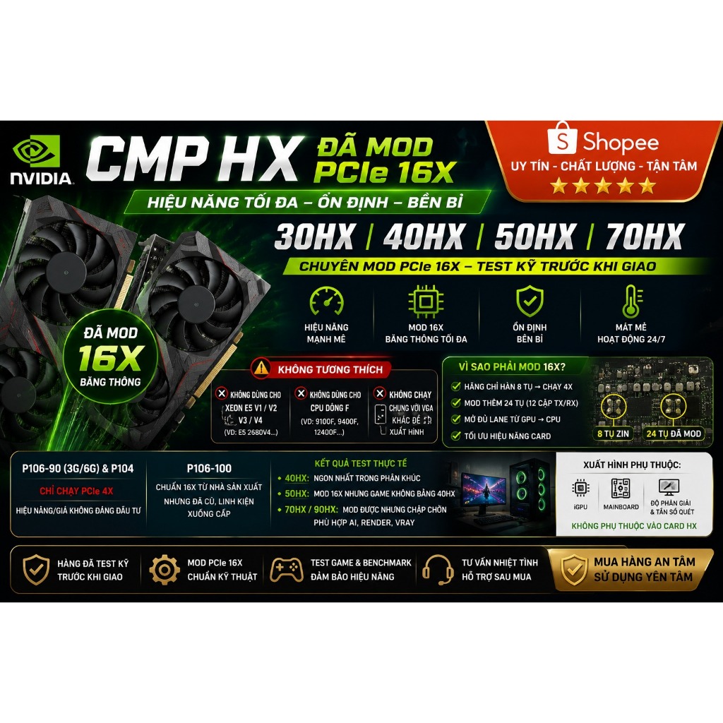 VGA NVIDIA CMP HX ĐÃ NÂNG CẤP PCIe 16X 30HX | 40HX | 50HX | 70HX Chuyên Mod PCIe 16x - Test kỹ trước