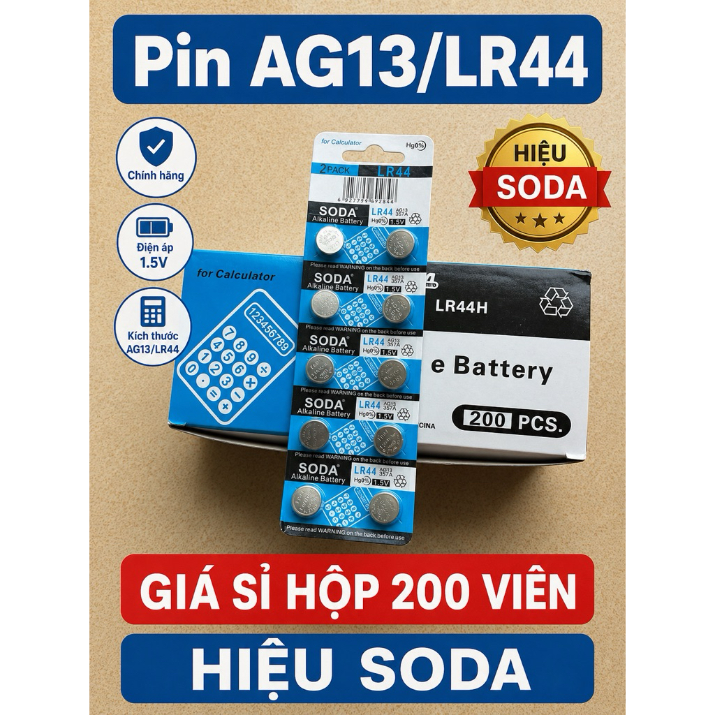 [Hộp 200 Viên] Pin AG13/LR44 Hiệu SODA