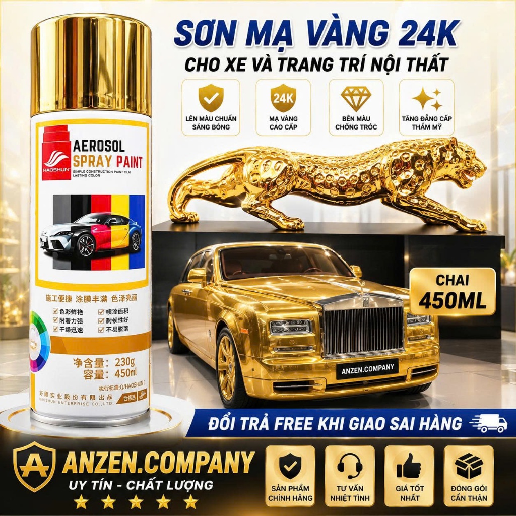 Sơn Xịt Mạ Vàng Ô Tô, Xe Máy - Dát Vàng Nội Thất Sang Trọng - Đổi Màu Đồ Trang Trí - Đủ Màu, Xóa Vết