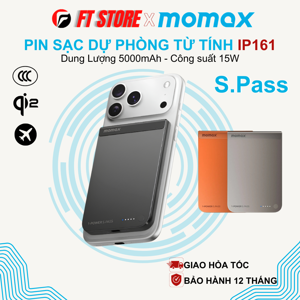 [ HỎA TỐC HCM] Pin dự phòng MOMAX IP161 5000mAh – sạc không dây từ tính Qi2 15W, thiết kế mỏng nhẹ, 