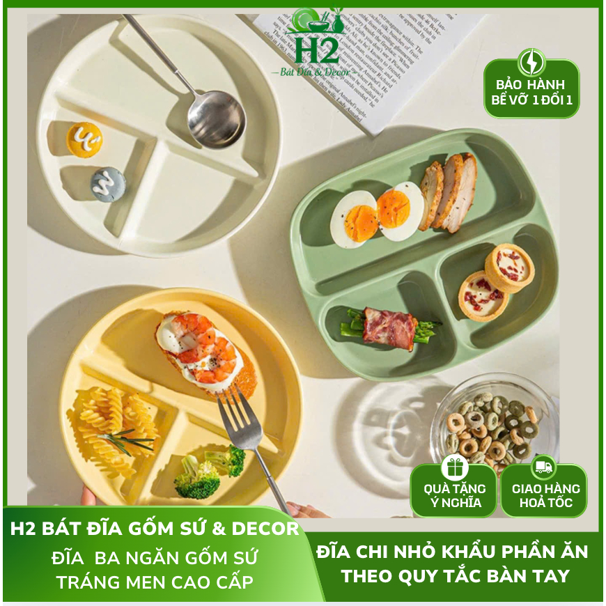 Đĩa sứ tròn, Đĩa sứ chữ nhật chia ngăn đựng thức ăn, đĩa ăn dặm cho bé tráng men gốm cao cấp màu pas