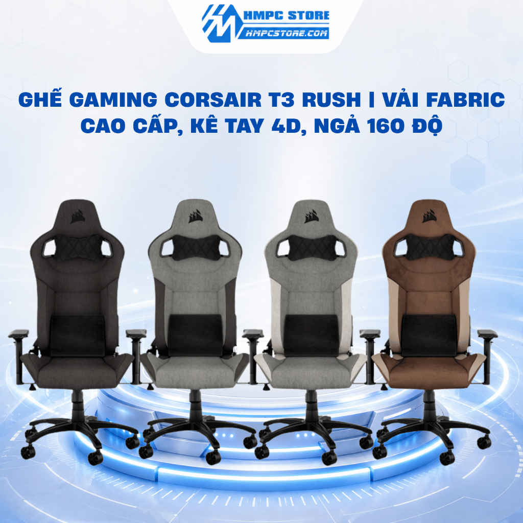 Ghế Gaming Corsair T3 RUSH | Vải Fabric Cao Cấp, Kê Tay 4D, Ngả 160 Độ, bảo hành 24 tháng