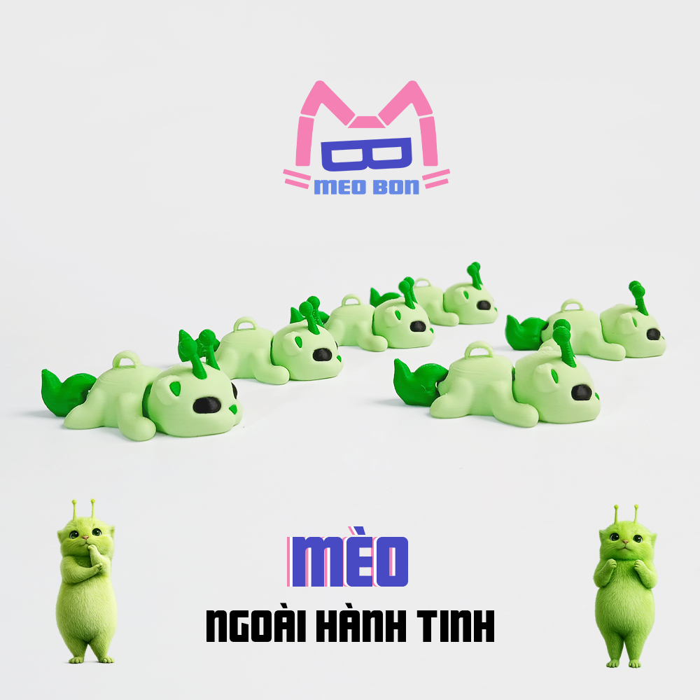 Móc Khóa Meme Mèo Ngoài Hành Tinh Xanh Lá In 3D