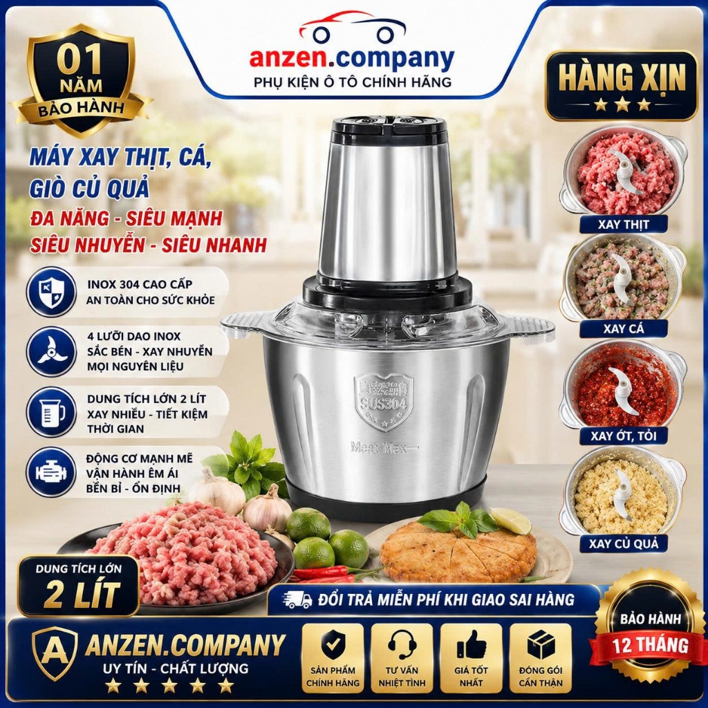 Máy Xay Thịt Đa Năng - Máy Xay Thịt - Cối Inox 304 Không Rỉ, Xoay Khỏe, Nhuyễn Rau Củ, Tỏi Ớt - 4 Lư