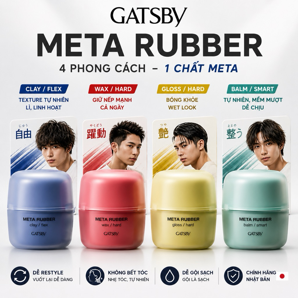 GATSBY META RUBBER 65g - dòng sản phẩm tạo kiểu tóc cao cấp của Gatsby