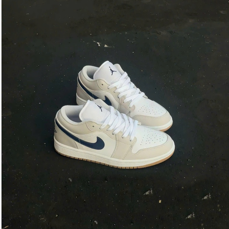 [Tặng Kèm Hộp] Giày Thể Thao JD1 Low Xám Kem Phối Xanh Navy Đế Gum