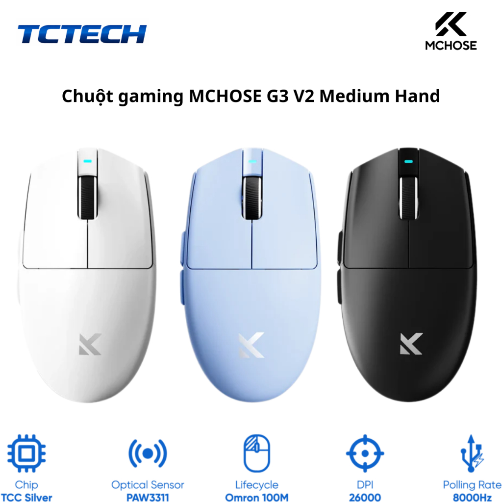 (Hỏa Tốc, BH 24T) Chuột gaming MCHOSE G3 V2 Medium Hand 100 triệu lần nhấn White/Blue/Black