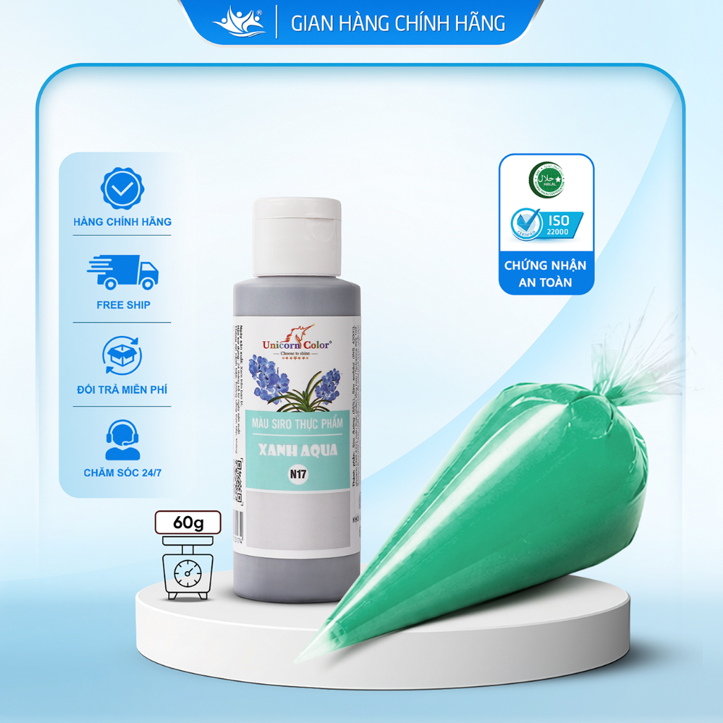 Màu Siro Thực Phẩm Xanh Aqua Unicorn Color, Màu Làm Bánh Không Đắng Chai 60g - Unicorn Color 60g