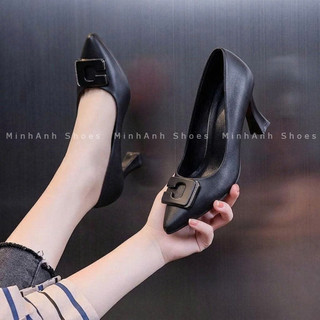 Giày cao gót mũi nhọn đính mác C gót loe 5cm 7cm
