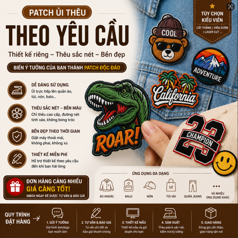Patch Ủi Thêu Theo Yêu Cầu – Thêu Tên/Logo/Cá Nhân Hóa – Ủi Balo, Áo, Nón – Nhận Thêu Logo & Tên Riê
