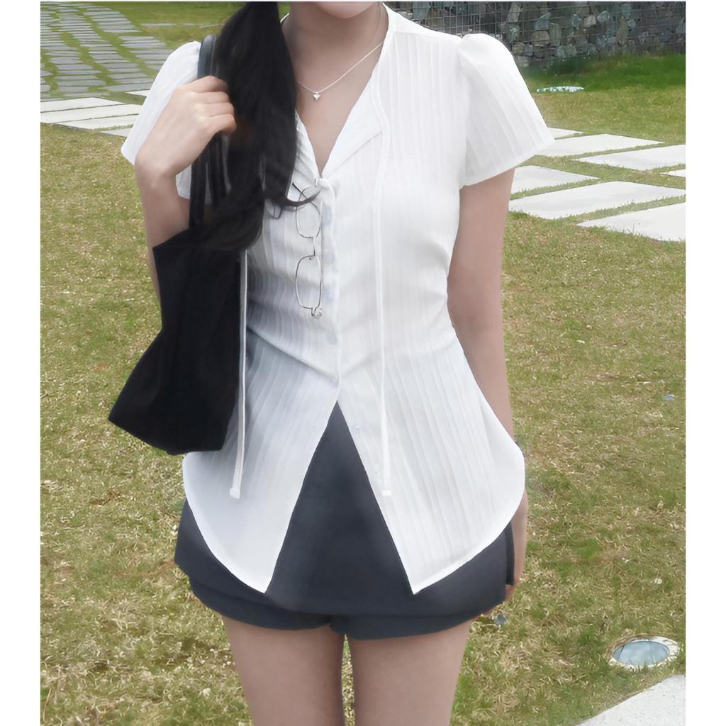 [HRM018] Áo sơ mi blouse tay ngắn dáng dây rút Nyubin