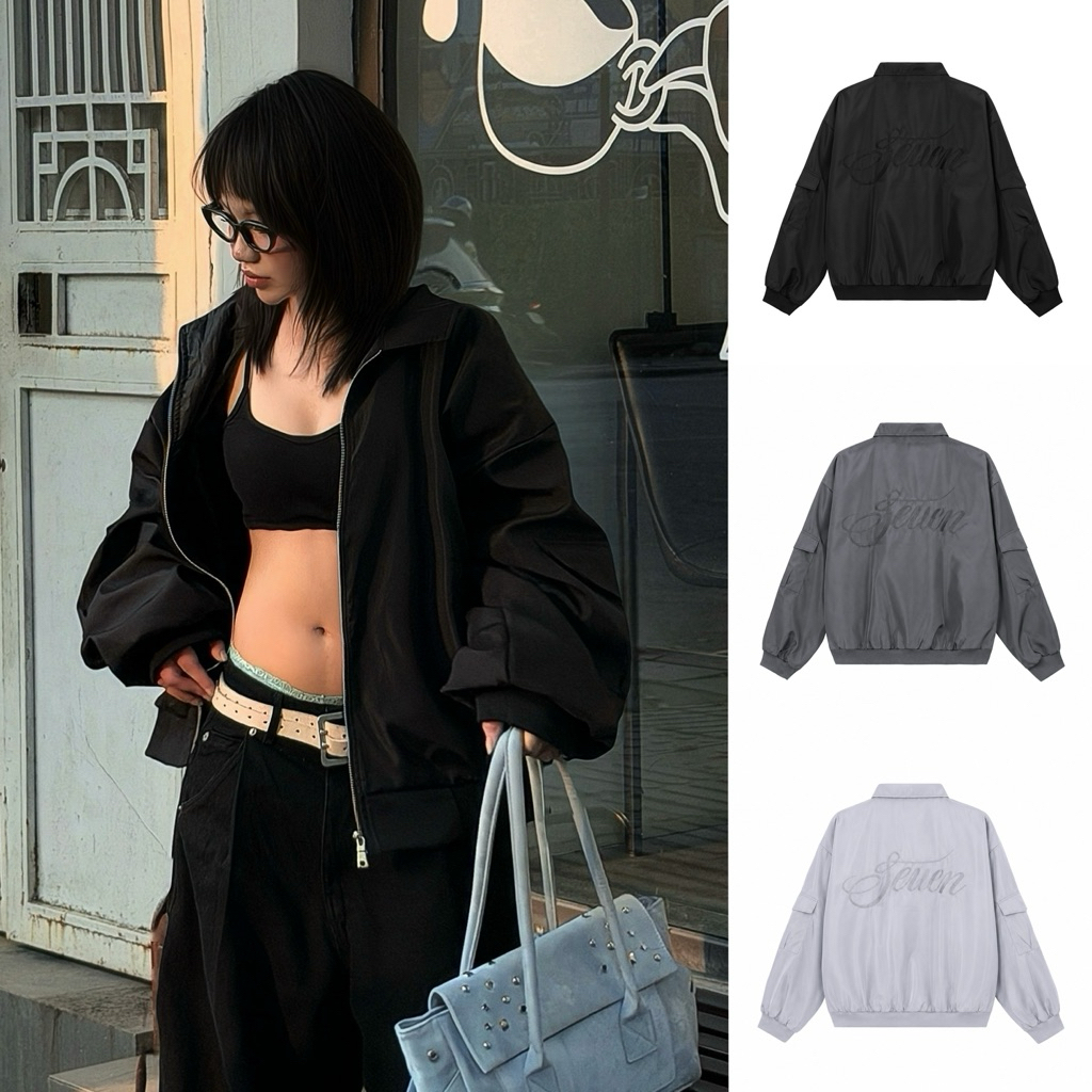 Áo Khoác Dù SEVEN Form Boxy Kiểu Hoạ Tiết Chữ Thêu 22Nastore