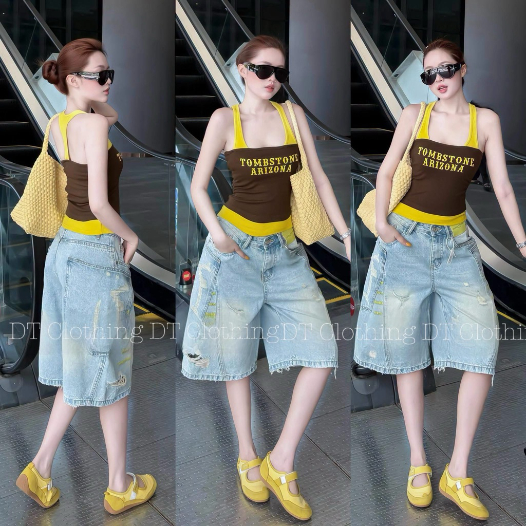 GZ #7180 ÁO BALO CHỮ PHỐI MÀU 🫶🏻 freesize GZ #77653 QUẦN LỬNG CHỮ VÀNG 🫶🏻 S M L