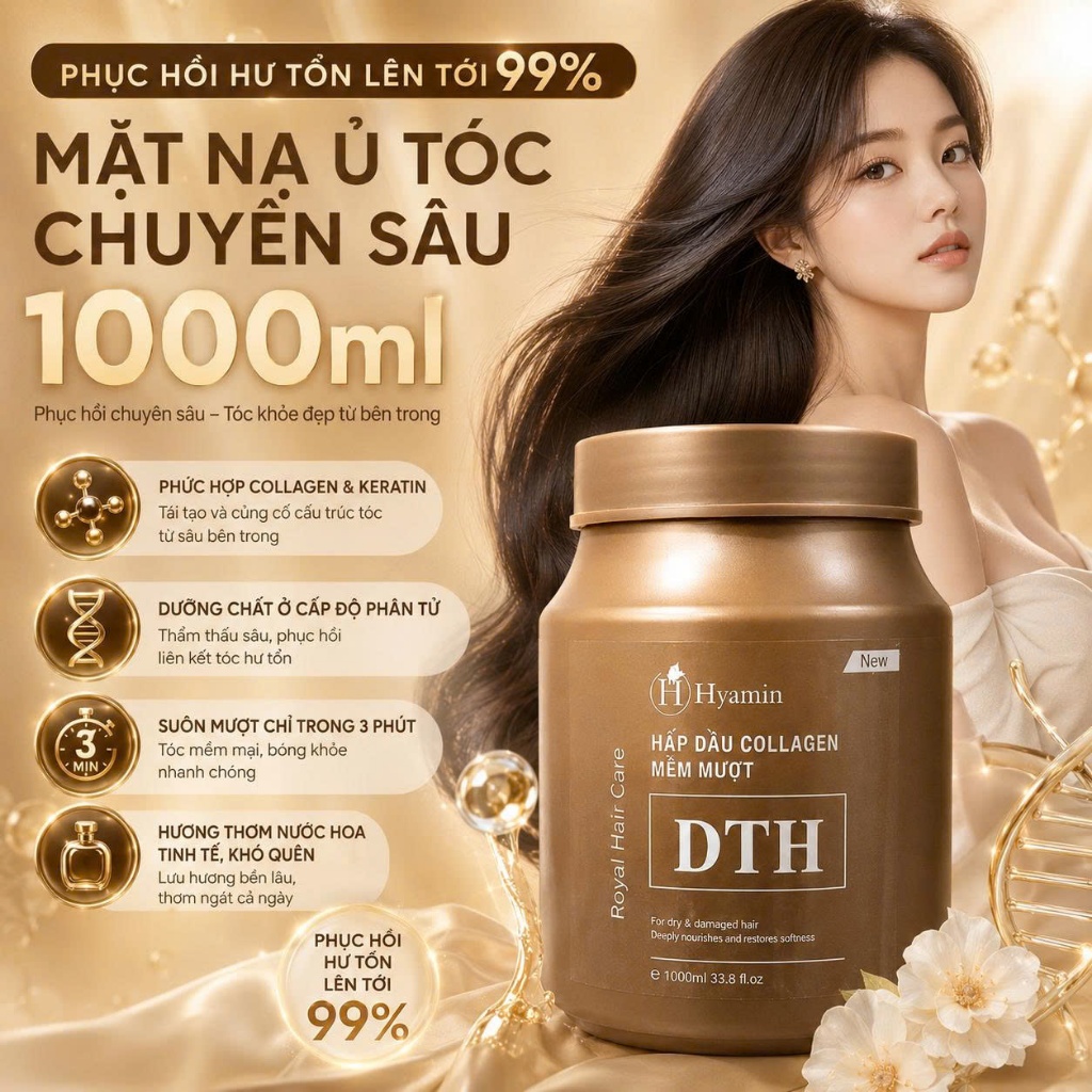 Kem Ủ Tóc Phục Hồi Collagen DTH 1000ml Cho Tóc Tẩy Nhuộm Hư Tổn, Thơm Như Nước Hoa