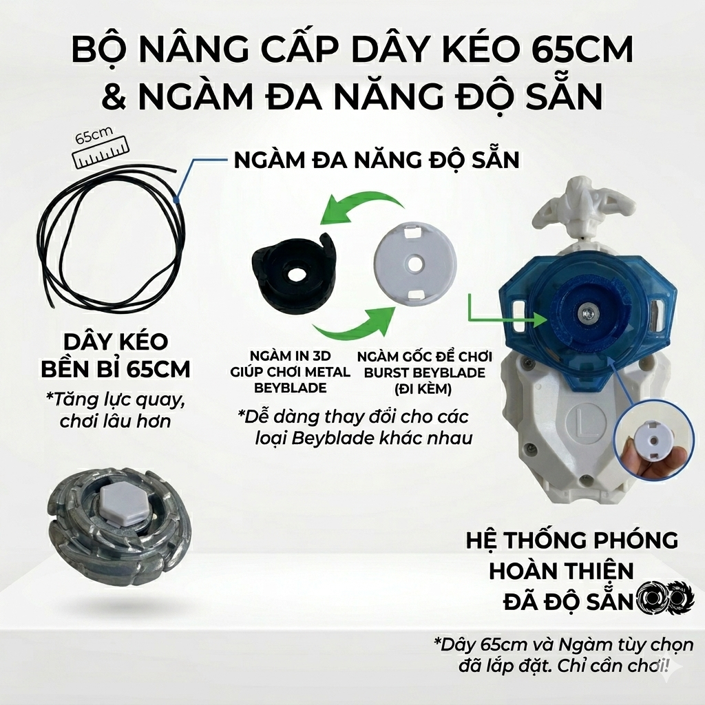 Bộ Phóng Beyblade String Launcher Độ Dây Dài 75cm - Kèm Ngàm Burst & Metal In 3D Cao Cấp - Đồ Chơi C