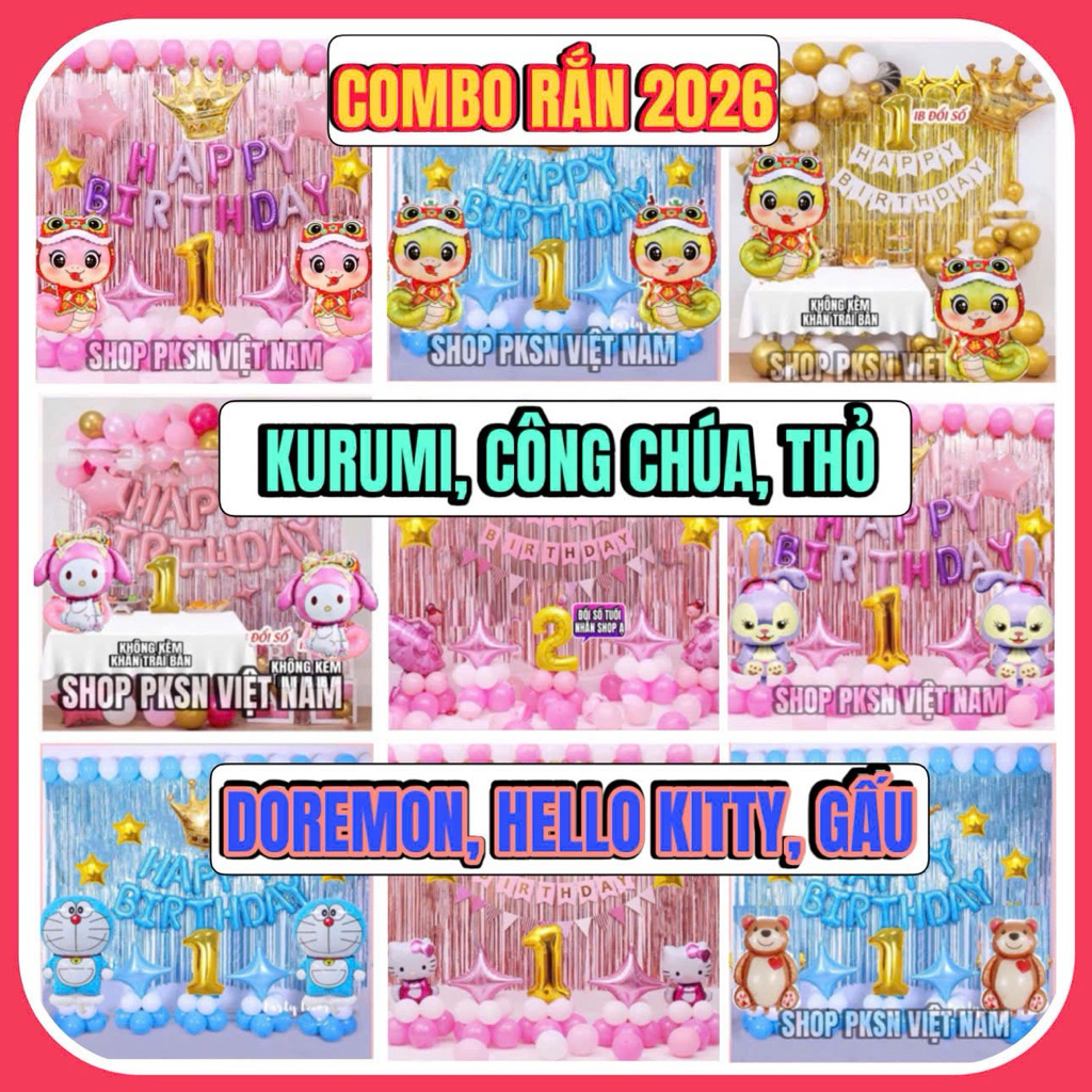Sét Sinh Nhật Tuổi Rắn, Tuổi Rồng,Kurumi, Công chúa, Thỏ, Gấu Cho bé Trai và Gái ( tặng Bơm + Keo + 