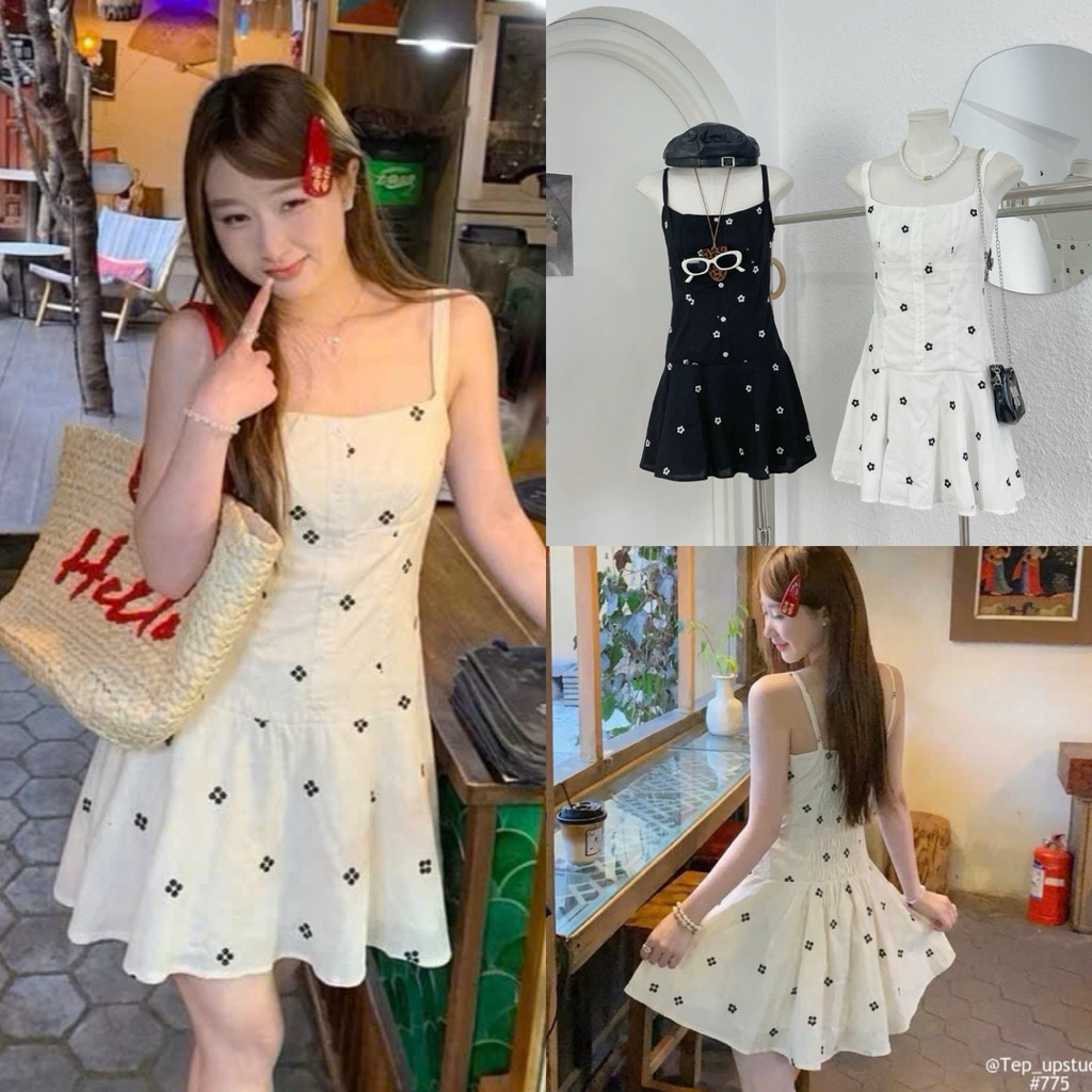 Váy 2 Dây Thô Thêu Hoa Xoè Nhẹ 2 Lớp, Váy Thô Hoa Dáng Xoè Form Midi Có Size S M - Halinh Shop
