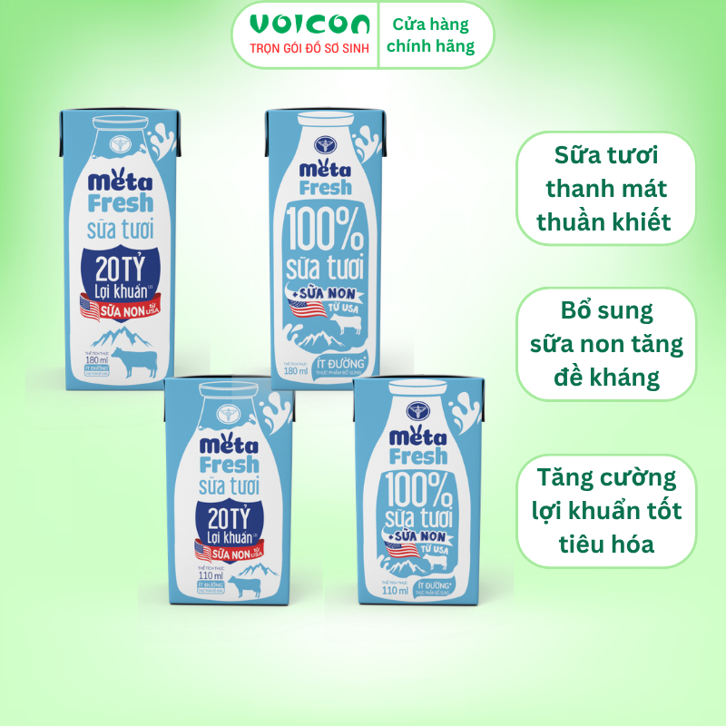 Sữa tươi tiệt trùng Nutricare Meta Fresh ít đường sữa non và Meta Fresh lợi khuẩn hộp 110ml/ 180ml