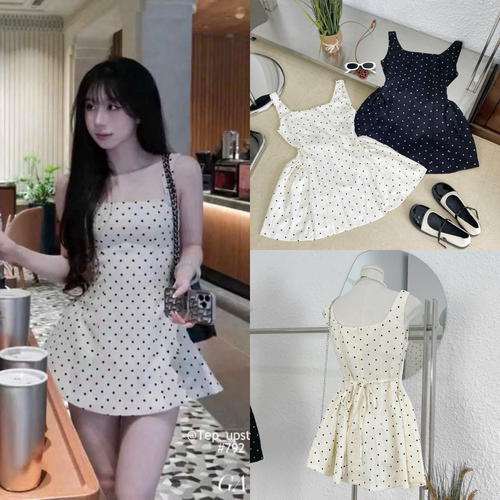 Váy 2 Dây Chấm Bi Nhún Eo Buộc Dây Dáng Ngắn Có Size S M , Váy Chấm Bi Nhún Eo- Halinh Shop