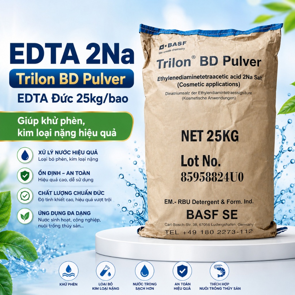 EDTA 2Na Trilon BD Pulver Đức 25kg - EDTA Khử Phèn, Hấp Thụ Kim Loại Nặng, Ổn Định Chất Lượng Nước