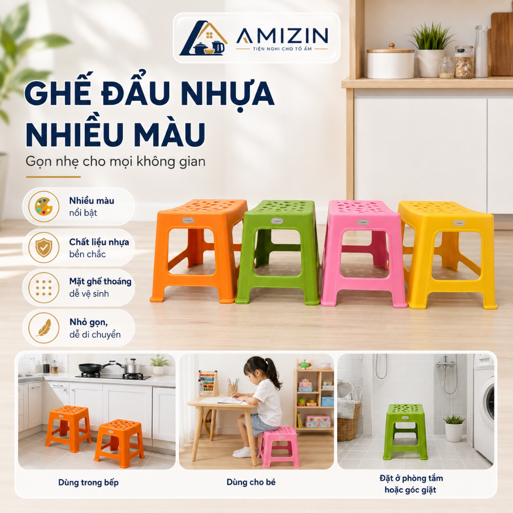 Ghế nhựa trà chanh, ghế đẩu màu xanh, vàng, cam Gia Long ngồi quán nướng, trà sữa, trà chanh vỉa hè